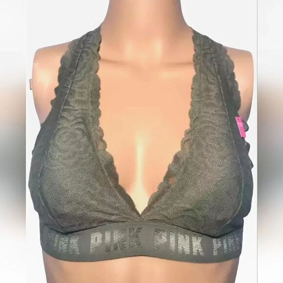 Victoria's Secret Pink Lace T-Strap Logo Bralette in Army Green Size Small - Picture 3 of 13